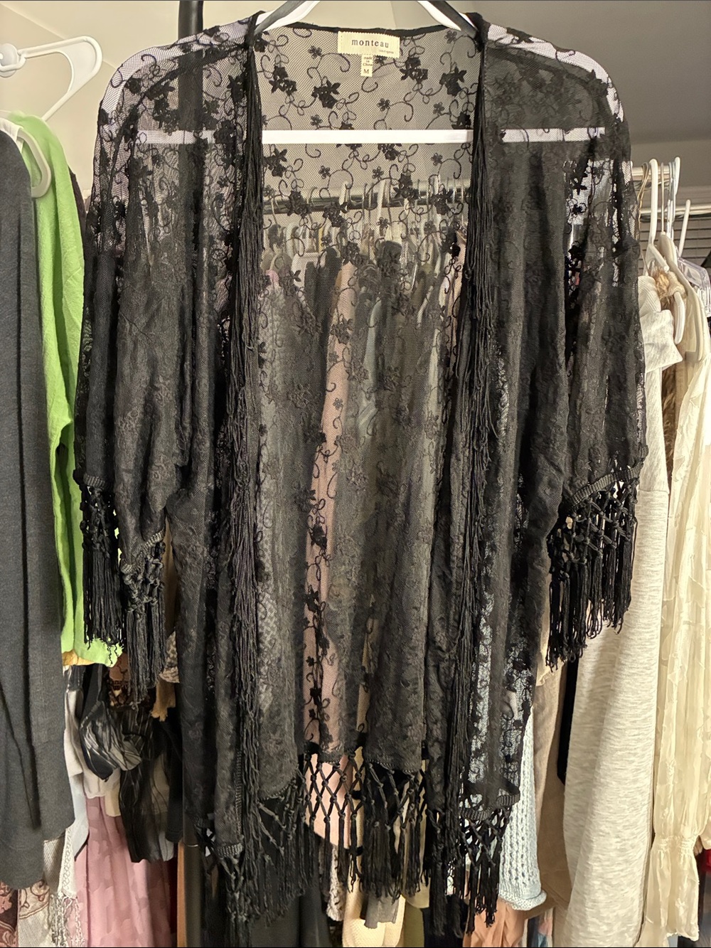 Monteau Black Lace Fringe Kimono Floral Embroidered Size Medium